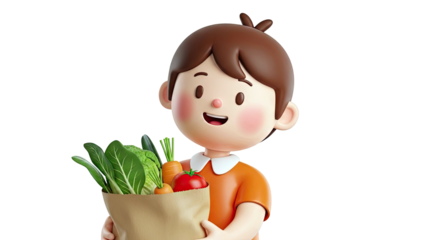 Cartoon Child Holding Bag of Fresh Vegetables