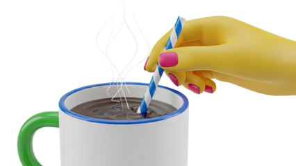 Stylized yellow hand stirring coffee with a straw