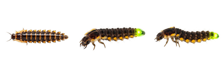 Set / Collection of Firefly Larvae (Lampyridae) Highly Detailed Realistic Oil Paint Scientific Illustration Isolated on Transparent PNG Background