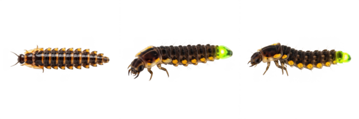 Set / Collection of Firefly Larvae (Lampyridae) Highly Detailed Realistic Oil Paint Scientific Illustration Isolated on Transparent PNG Background