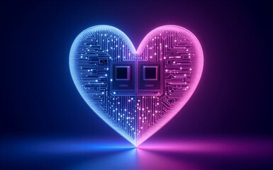 Neon circuit heart, blue-pink glow, futuristic love symbol on dark background.