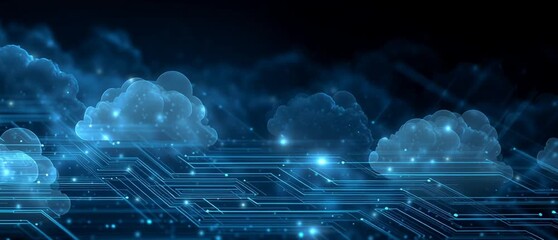 a blue background with cloud technology and data connection concept, including circuit board patterns, tech grid lines, or digital network connections in the style of futuristic sci-fi Generative AI - Powered by Adobe