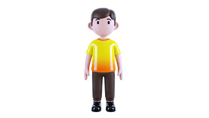 3D Cartoon Boy in Yellow and Orange T-shirt and Brown Pants