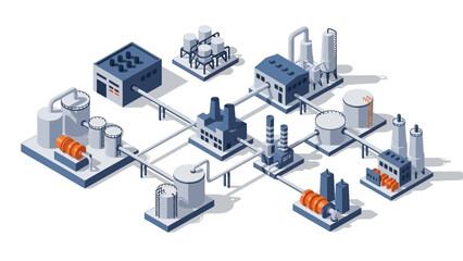 Obraz premium Isometric illustration of an industrial complex showing interconnected manufacturing facilities and processing plants