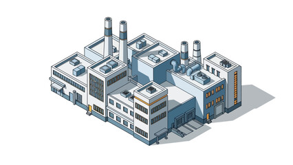 Obraz premium Isometric view of a modern industrial factory building complex with multiple structures and chimneys, representing manufacturing and production