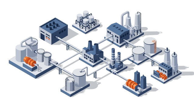 Isometric illustration of an industrial complex showing interconnected manufacturing facilities and processing plants