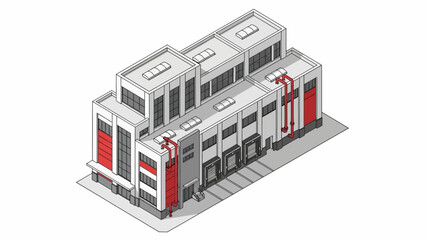 Isometric view of a modern industrial building with red accents and loading docks, symbolizing logistics and manufacturing