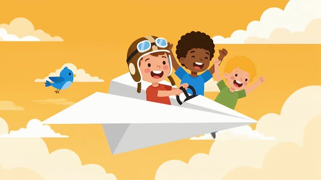 Happy Diverse Children Flying Paper Airplane Dream Adventure