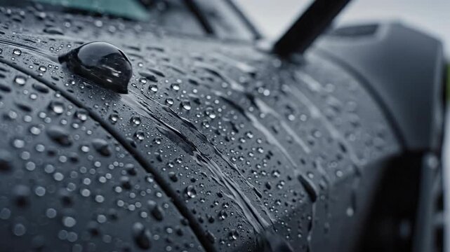 Black car body surface protected by hydrophobic coating during rain