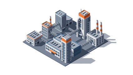 Obraz premium Isometric illustration of a modern industrial complex with factory buildings, smokestacks, and connected facilities, symbolizing manufacturing, urban development