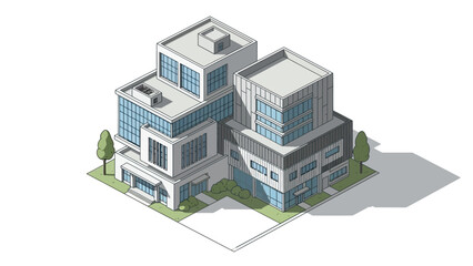 Sleek isometric illustration of a modern city building complex, featuring contemporary multi-story structures with clean lines and green landscaping, perfect for urban development concepts
