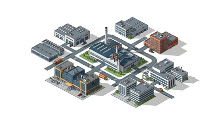 Isometric representation of a modern industrial park and business district, showcasing interconnected factories, warehouses, and offices as an efficient urban development