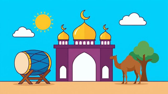 Cartoon Ramadan Celebration Mosque Drum and Camel Animation