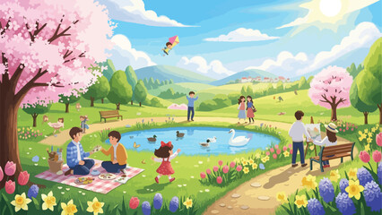 A vibrant spring scene with people picnicking, flying a kite, and painting © Hashirama