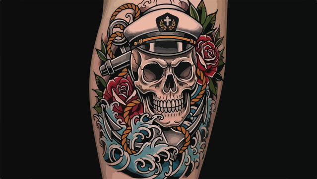 A vibrant tattoo of a skull in a captain's hat