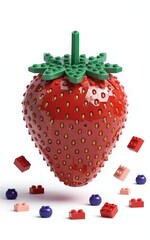 Fototapeta premium Lego strawberries in red, green and purple hues, detailed textures, playful fruit design.