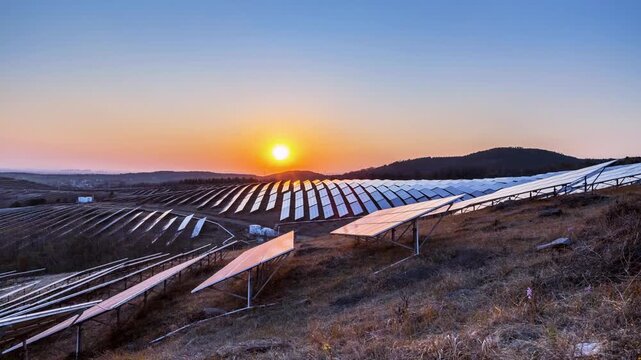 Sunset time-lapse of a mountain solar farm, with rows of photovoltaic panels glowing under golden light across rolling hills.