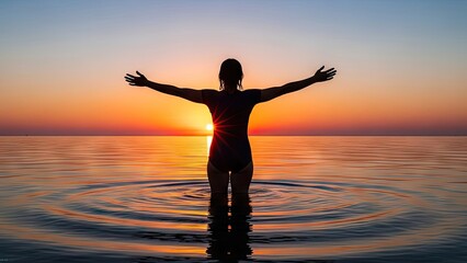 Fototapeta premium Woman standing in water with arms outstretched at sunset