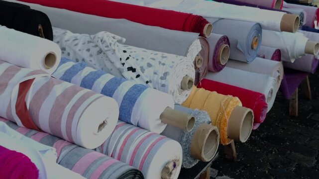 Fabric rolls at Turkish Market. Maybachufer, Berlin.