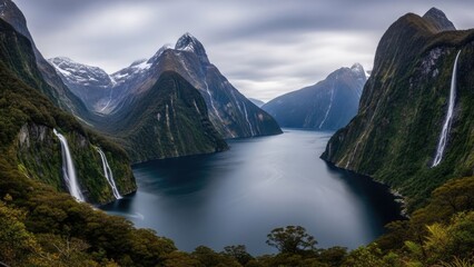Misty fjord landscape with waterfalls and snow-capped mountains