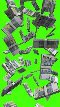 Vertical Tajikistani Somoni bills falling on chromakey, TJS cash rain