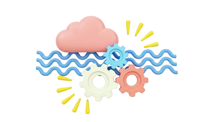 Abstract 3D elements: gears, cloud, waves, and sun rays