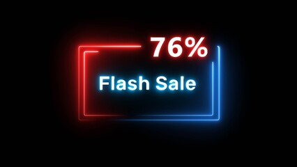 Flash sale 76% offer illustration. Neon discount number on black background. Neon glowing percent number. Business promotion offer number.