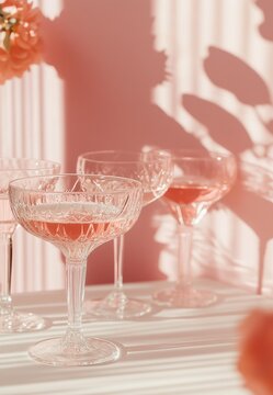 Bachelorette party, minimaistic composition with coctail glasses and pink chamagne