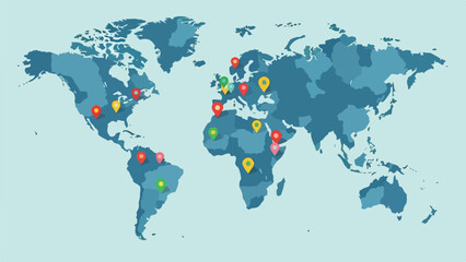 A world map with various colored location markers © Itachi