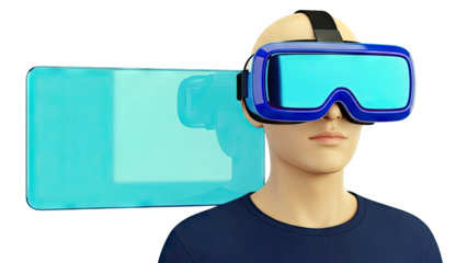 Person wearing a blue VR headset, with a holographic blue display in the background