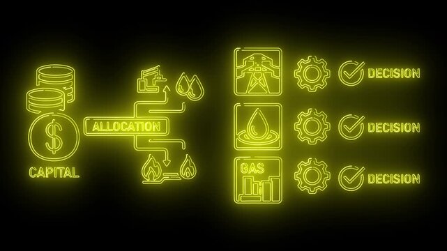 Neon-lit infographic with business icons and decision-making symbols on a black background with green glow.