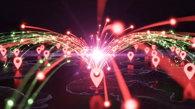Digital map with glowing location pins.