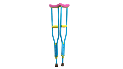 Pair of blue forearm crutches with pink and yellow accents