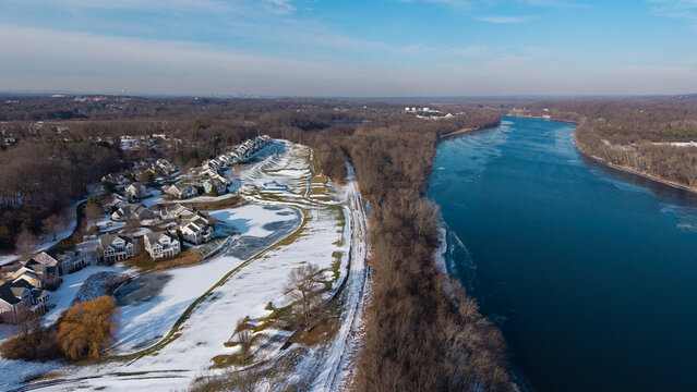 Winter aerial view featuring the Connecticut River and TPC River Highlands