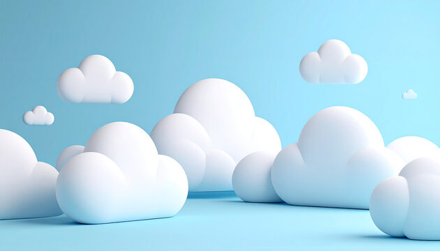ふんわり丸みのある3D雲が漂うやさしいベビーブルー水色背景素材 &ndash; Soft Rounded 3D Clouds Floating on Baby Blue Background