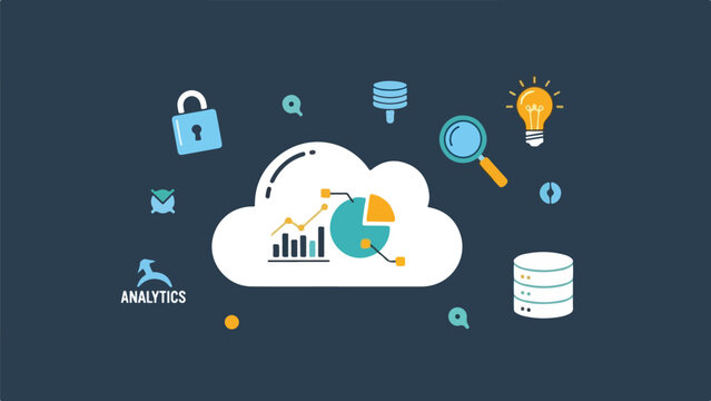 Cloud analytics graphic with various data symbols
