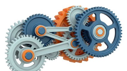 Interlocking Gears in Blue, Orange, and Gray