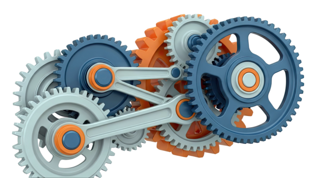Interlocking Gears in Blue, Orange, and Gray - Powered by Adobe