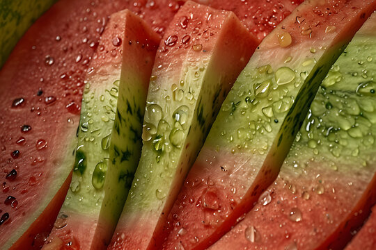 Abstract Background of watermelon flesh, juicy red texture with seeds, high freshness lighting - Powered by Adobe