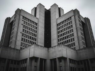 Fototapeta premium Symmetrical low angle view of a monumental brutalist building