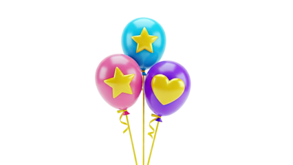 Three colorful balloons with gold star and heart shapes