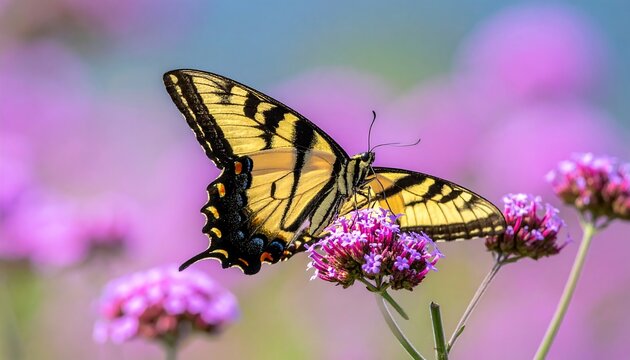 A beautiful yellow tiger swallowtail butterfly rests on a purple flower in a garden.
