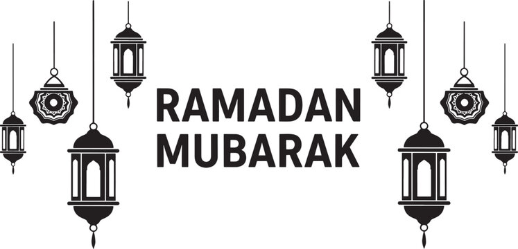 Ramadan Mubarak Greeting Banner featuring Multiple Ornate Hanging Lanterns and Decorative Islamic Geometric Ornaments in Minimalist Silhouette Style