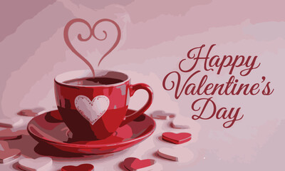 Happy valentine's day, red teacup with heart-shaped steam and scattered candy hearts