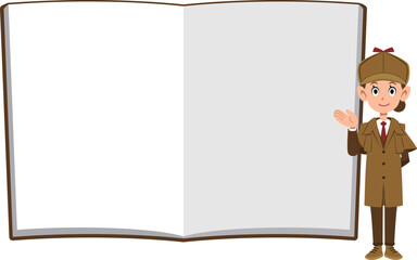 ノートの前で案内する女性の探偵