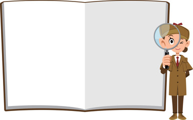 ノートの前で虫眼鏡をのぞく女性の探偵