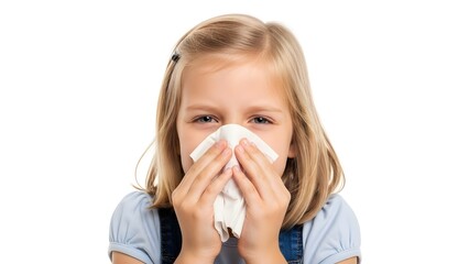 Little girl blowing her nose with a tissue due to cold or allergy