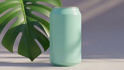 Fototapeta premium Mint Can with Monstera Leaf Shadow.