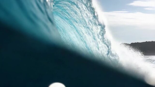 Majestic Big Wave Surfing Barrel in Deep Blue Tropical Ocean