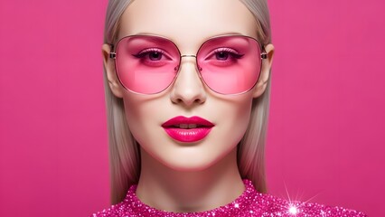 Fototapeta premium Blonde woman pink glasses lips glamour.